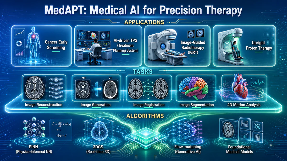 MedAPT research framework showing applications, medical imaging tasks, and enabling algorithms